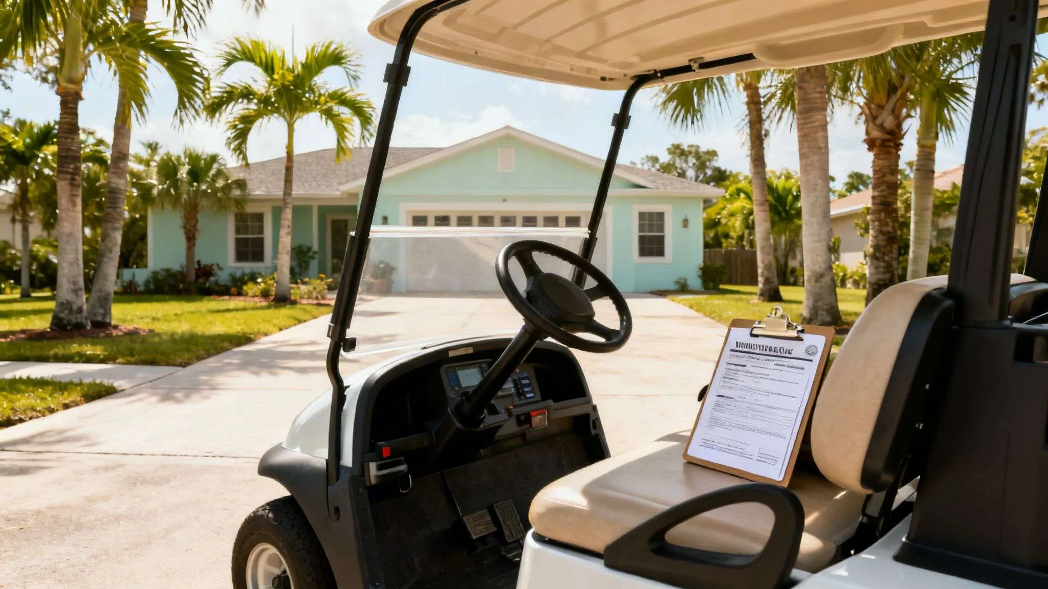A white golf cart is parked on a driveway in front of a light blue house with palm trees.