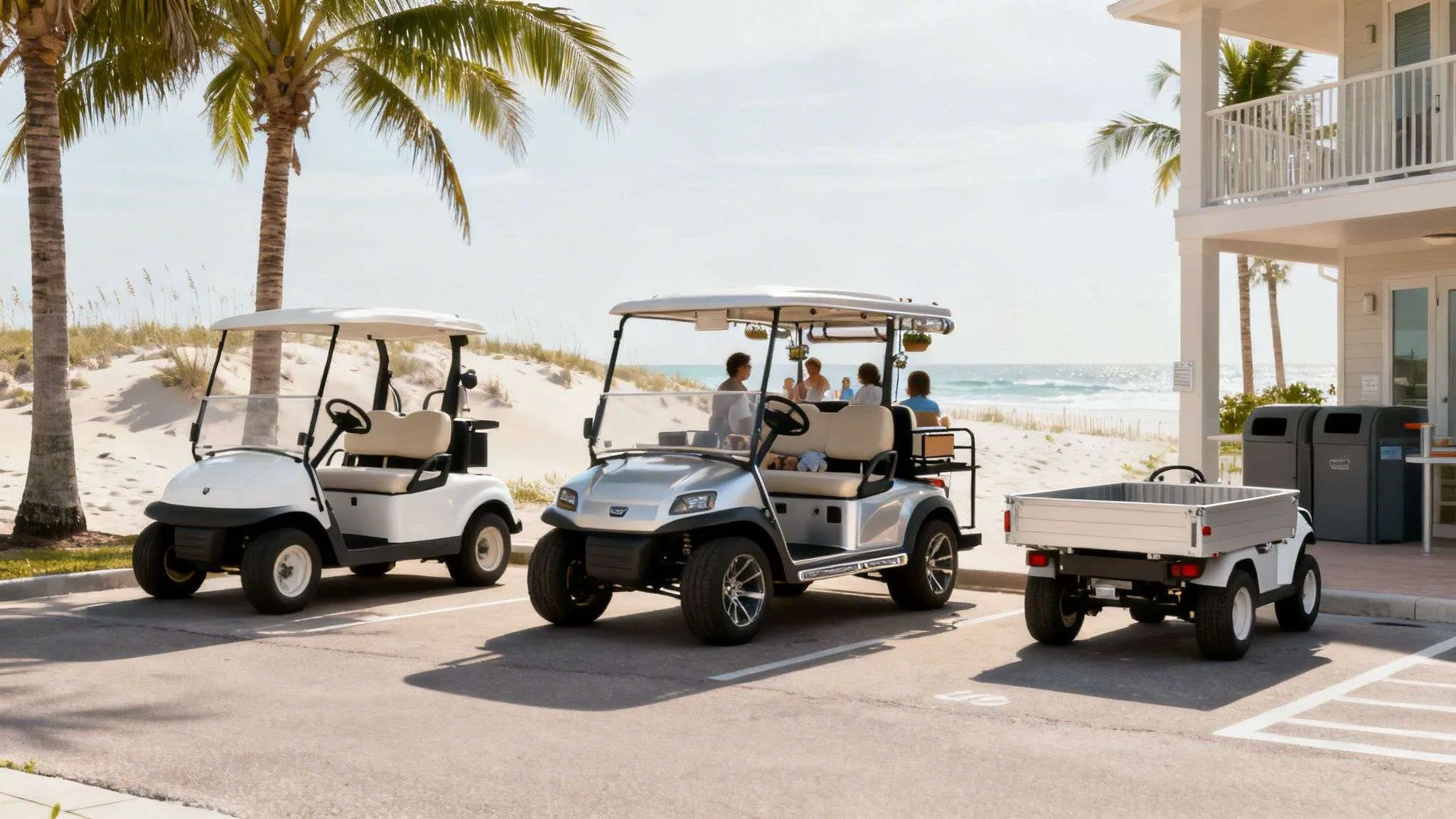 Golf carts parked on a paved lot by a sunny beach with palm trees and a resort building.