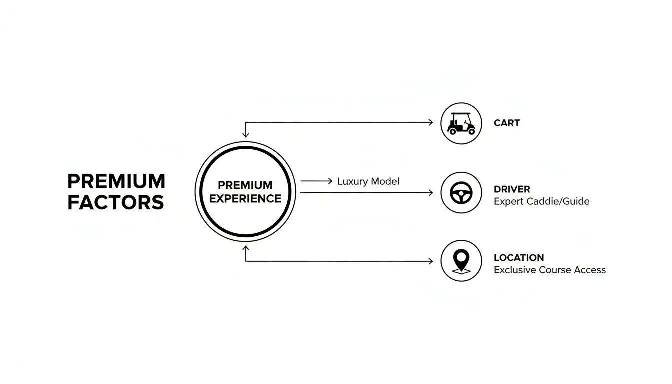 Diagram illustrating premium factors for a luxury golf experience: cart, driver, and exclusive location.