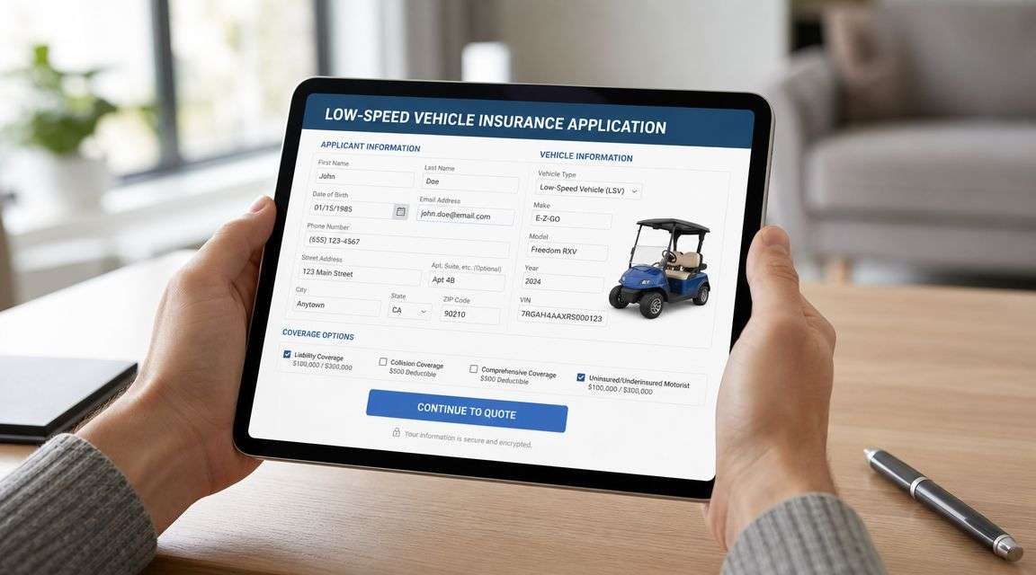 A person holding a tablet displaying a low-speed vehicle insurance application form for a golf cart.